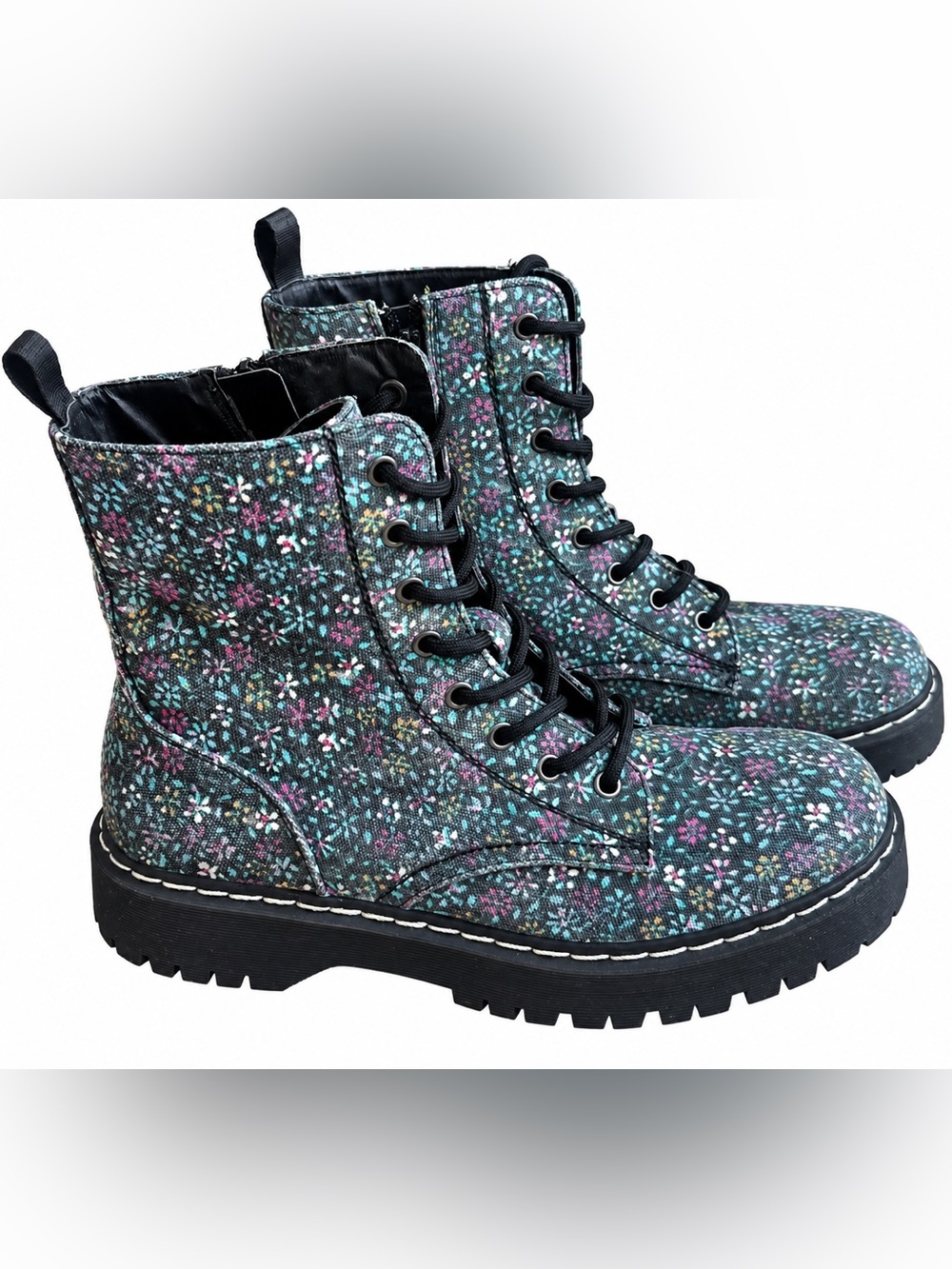 Sincerely Jules Harley Floral Canvas Combat Boots Black Multicolor Womens size 9